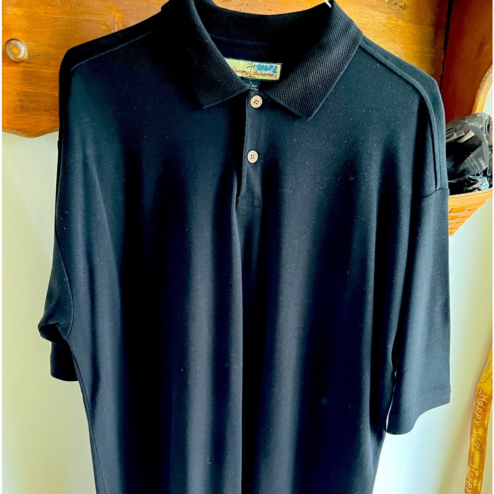Tommy Bahama black silk and cotton men’s polo-shirt with graphics on back- L